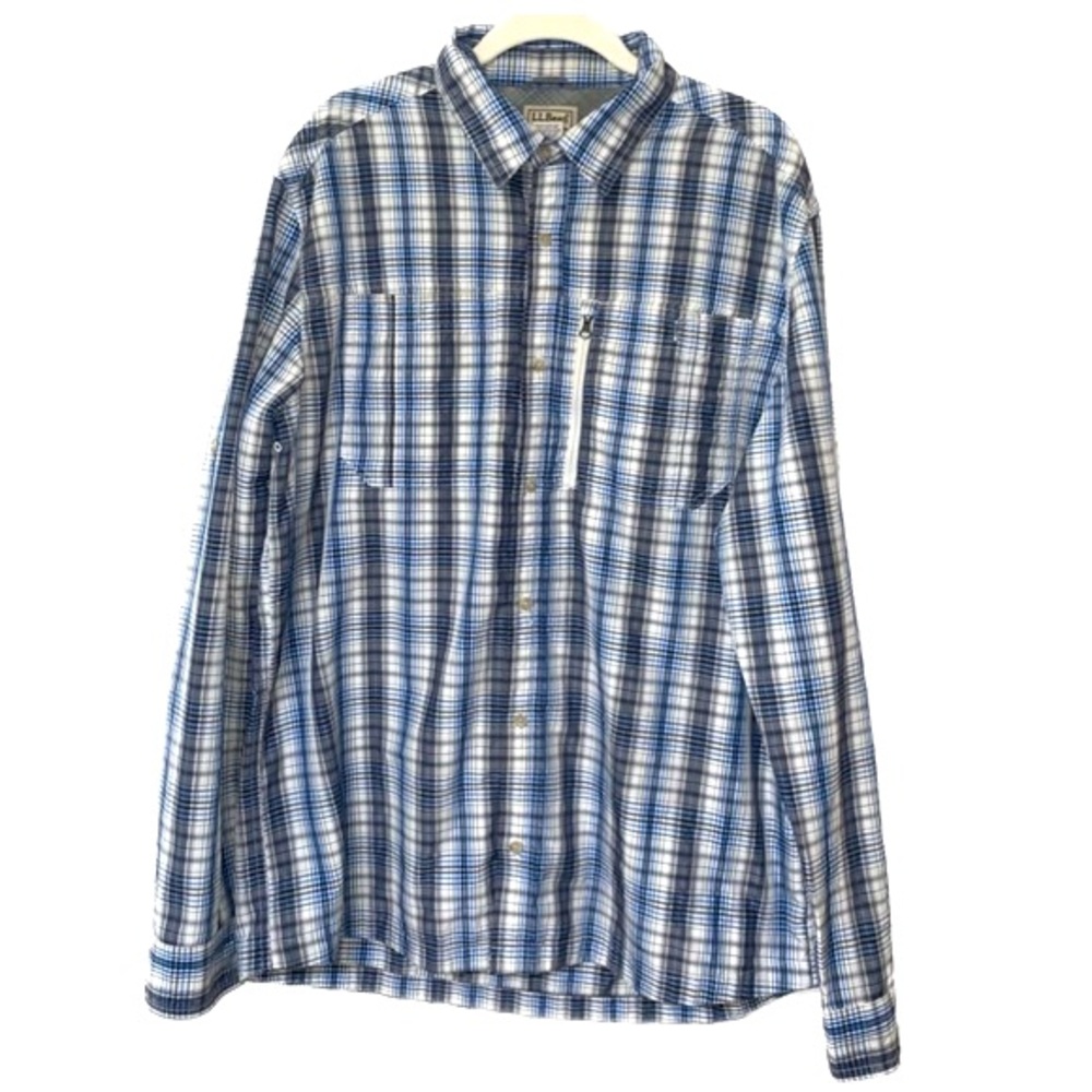 L.L. Bean Performance Shirt Mens LT Blue White Plaid Long Sleeve Vented Fishing